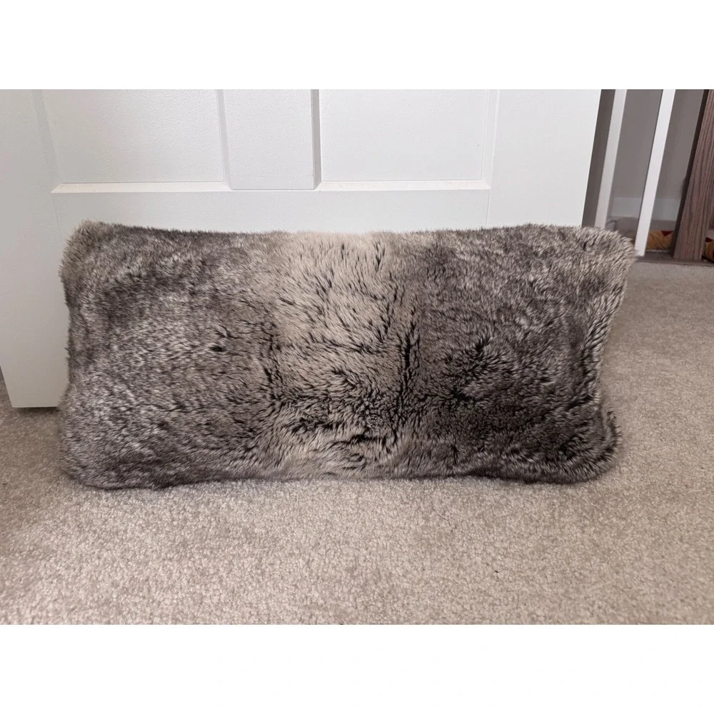 Pottery Barn Faux Fur Lumbar throw bedroom Pillow Cover Gray Brown 12x24